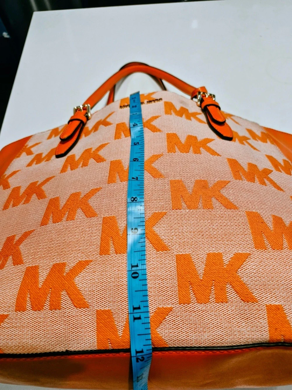 MICHAEL KORS Orange MK Logo Canvas Tote with Leather Trim